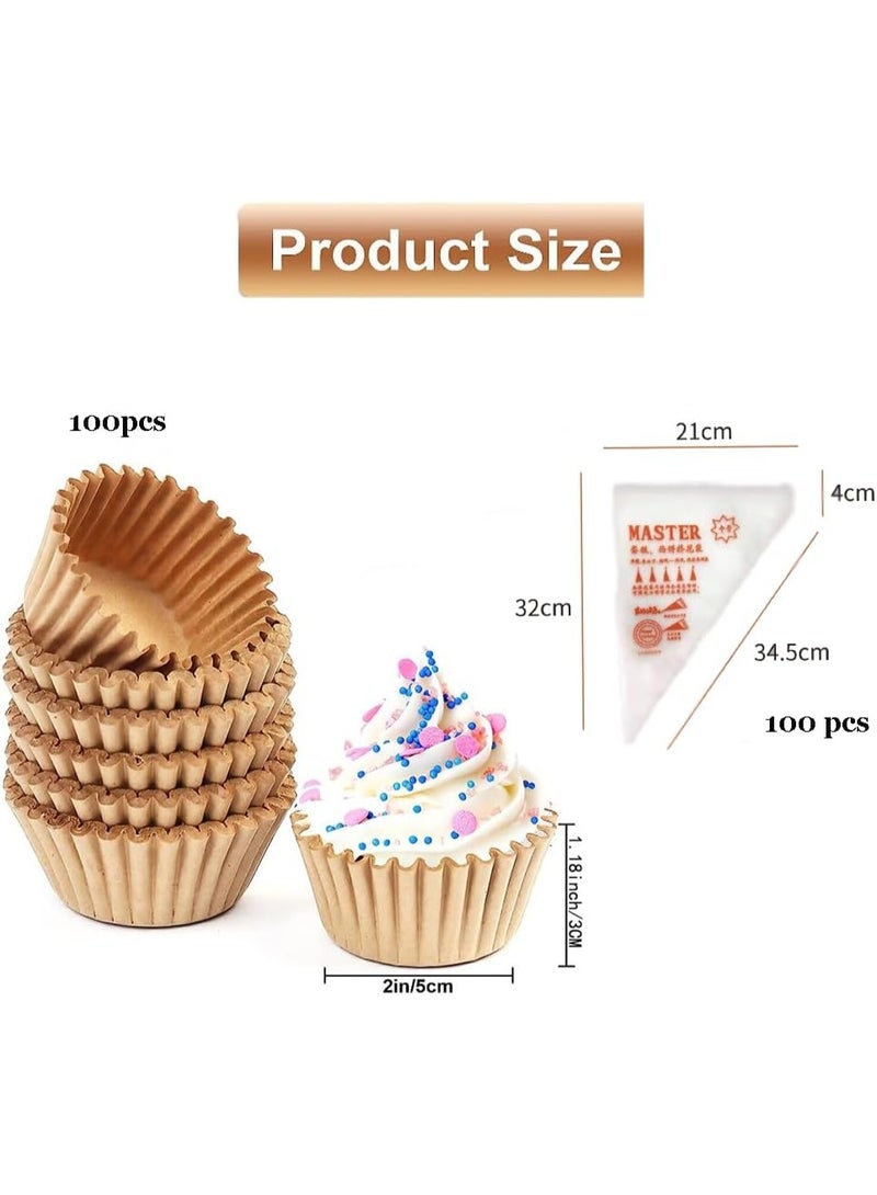 DUNISO 100Pcs Piping Bags and 100Pcs Paper Cupcake Liners Set, Disposable, Non-Stick, Dessert Biscuit Piping Bag, Household Baking Tool, Cupcakes Decorating Tools - Image 2